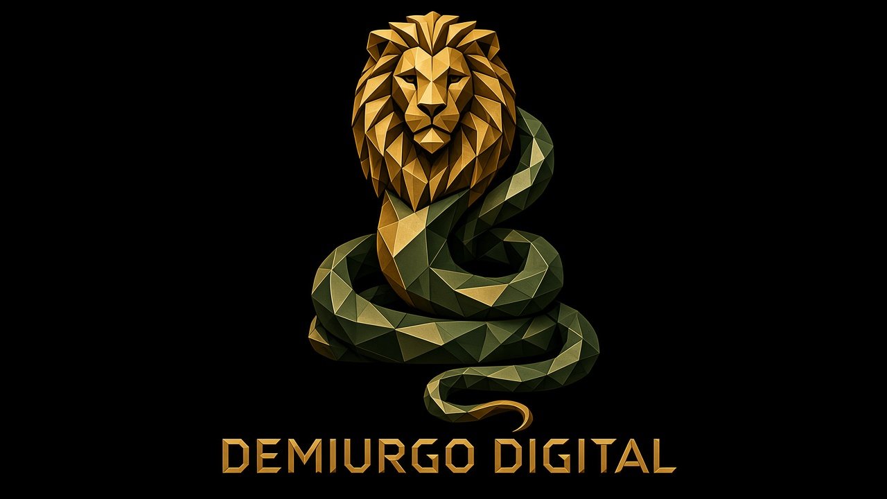 Emblema de Demiurgo Digital: león dorado facetado sobre una serpiente verde olivo enroscada